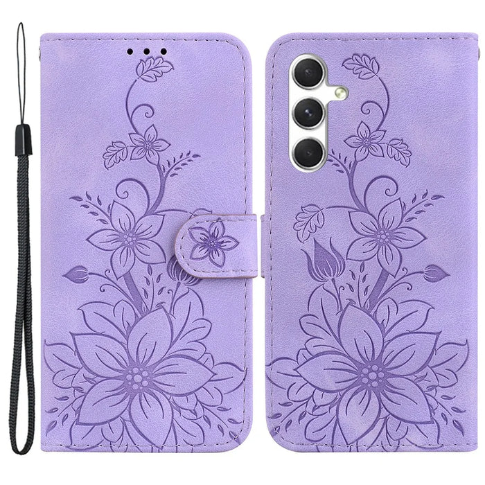 For Samsung Galaxy S24+ Case Wallet Leather Cover with Imprint Flower - Purple - 1