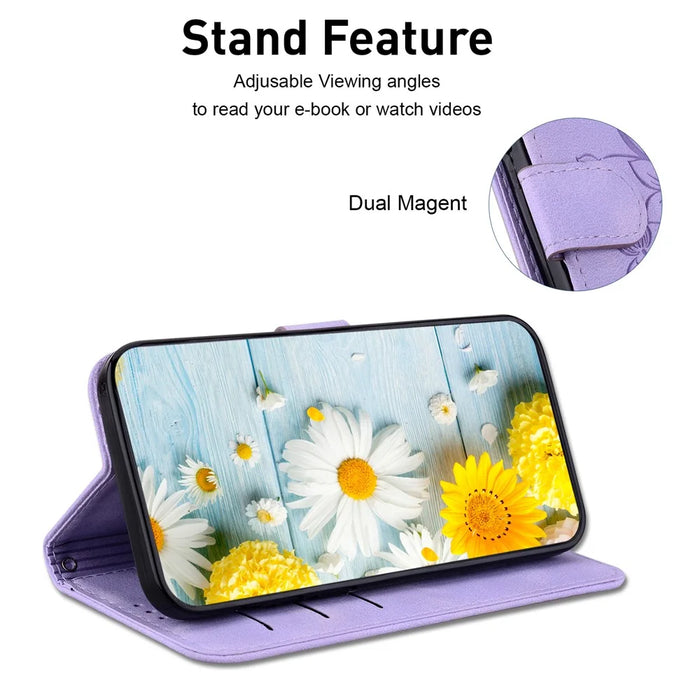 For Samsung Galaxy S24+ Case Wallet Leather Cover with Imprint Flower - Purple - 3