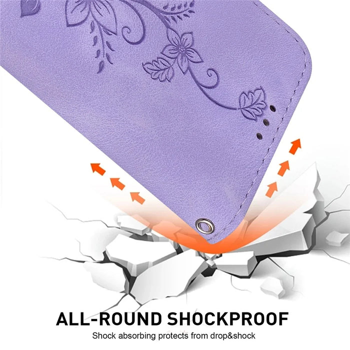 For Samsung Galaxy S24+ Case Wallet Leather Cover with Imprint Flower - Purple - 4