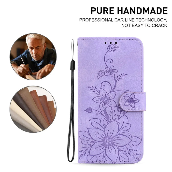 For Samsung Galaxy S24+ Case Wallet Leather Cover with Imprint Flower - Purple - 5