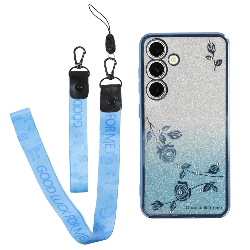 KADEM For Samsung Galaxy S24+ Case Glitter Phone TPU Shock-absorbing Cover with Strap - Blue - 1