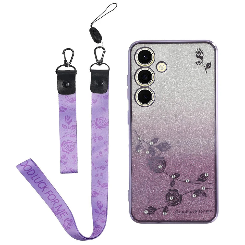 KADEM For Samsung Galaxy S24 Case Mobile Phone Flower Pattern TPU Protective Cover with Strap - Purple - 1