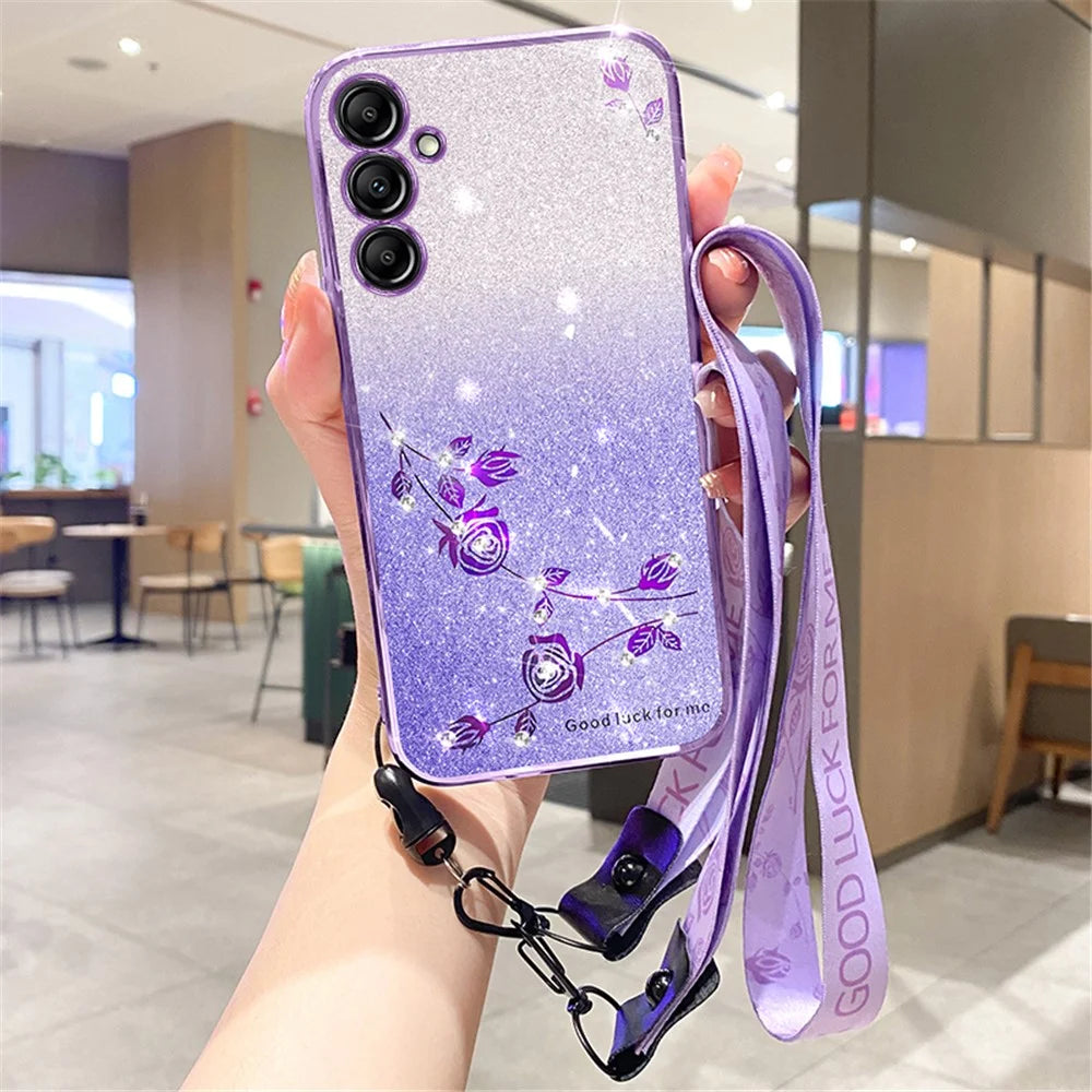 KADEM For Samsung Galaxy S24 Case Mobile Phone Flower Pattern TPU Protective Cover with Strap - Purple - 6