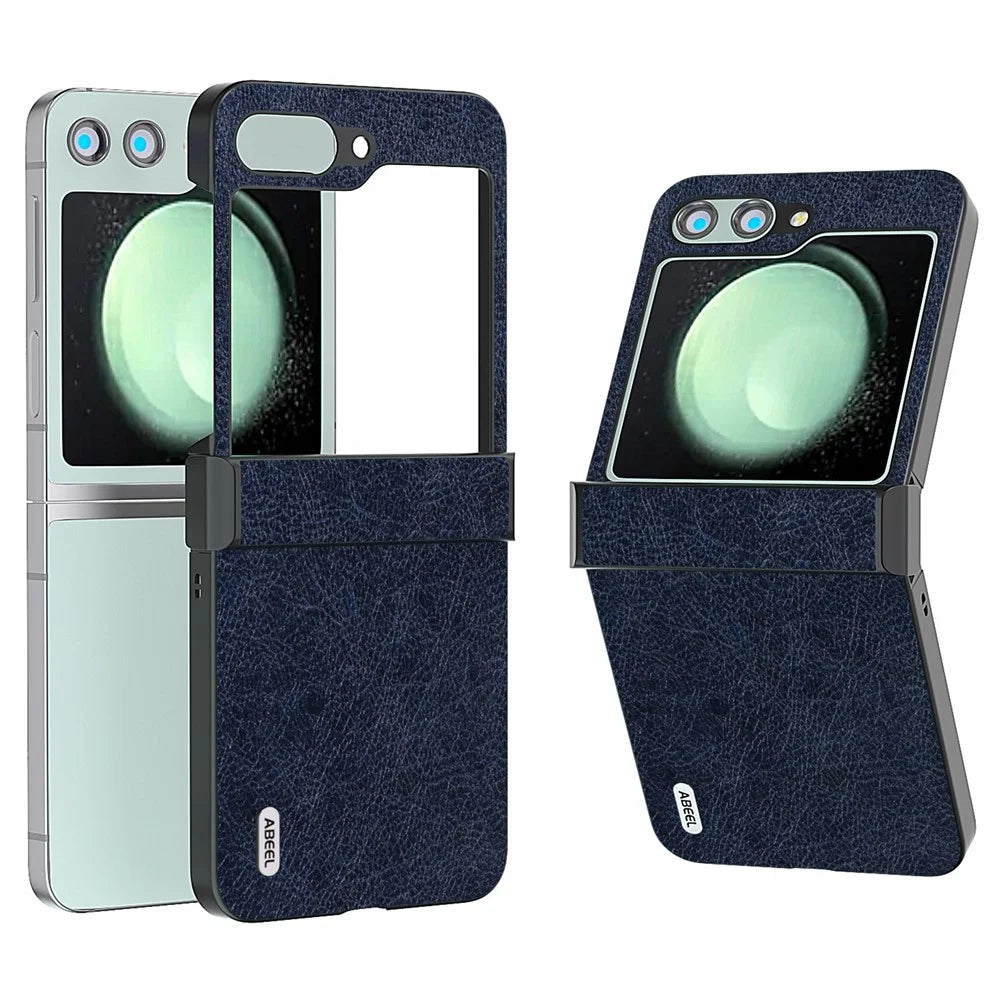 ABEEL For Samsung Galaxy Z Flip5 5G Case Hinge Design Retro Leather+PC Phone Cover - Blue - 1