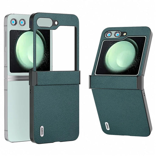 ABEEL For Samsung Galaxy Z Flip5 5G Phone Case Hinge Protection Genuine Cow Leather Back Cover - Midnight Green - 1
