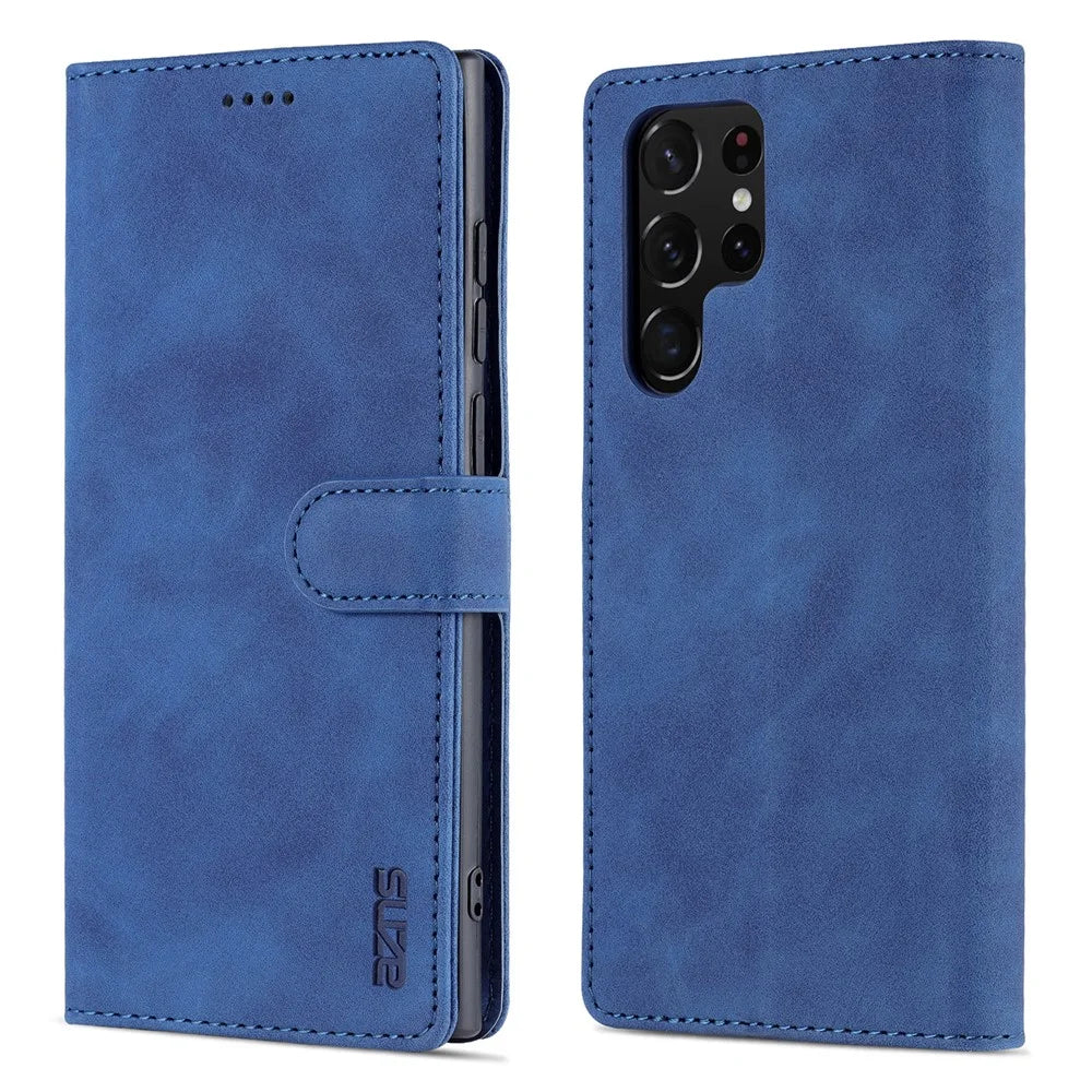 AZNS For Samsung Galaxy S24 Ultra Case Leather Protected Fully Folio Flip Stand Phone Shell - Blue - 1