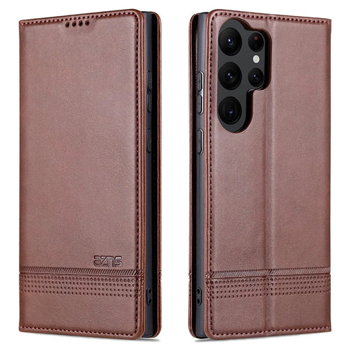 AZNS For Samsung Galaxy S24 Ultra Case Magnetic Suction Leather Phone Cover with Wallet Stand - Coffee - 1