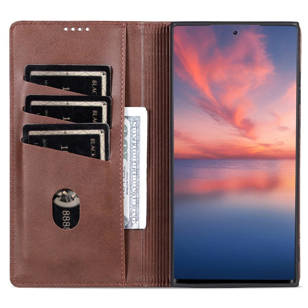AZNS For Samsung Galaxy S24 Ultra Case Magnetic Suction Leather Phone Cover with Wallet Stand - Coffee - 3