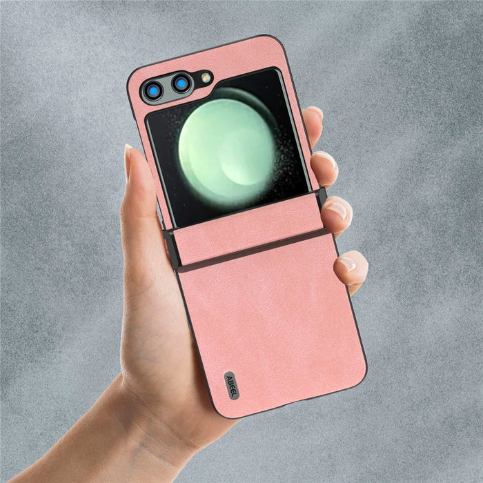 ABEEL For Samsung Galaxy Z Flip5 5G Phone Case PU Leather+PC Hinge Design Cover - Pink - 5
