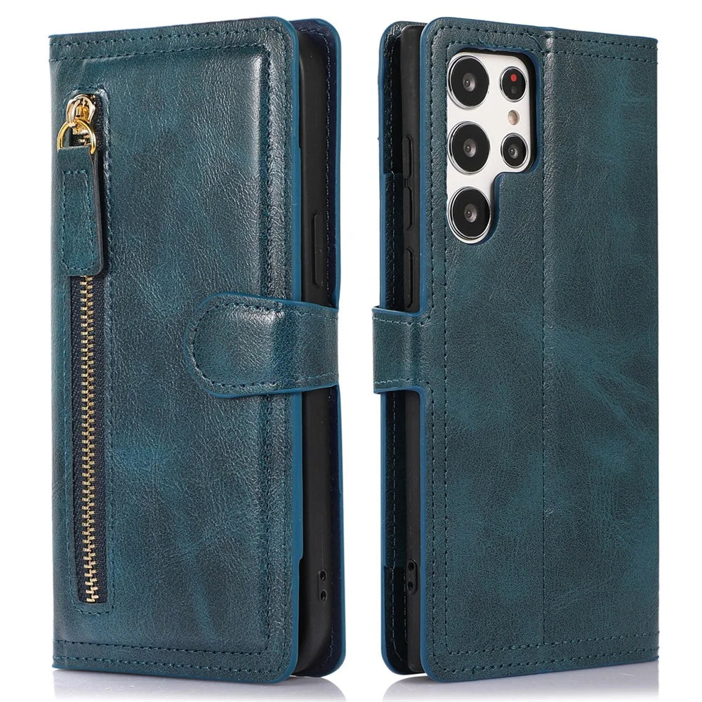 For Samsung Galaxy S24 Ultra Case Zipper Pocket PU Leather Wallet Stand Phone Cover - Blue - 1