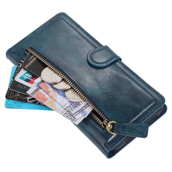 For Samsung Galaxy S24 Ultra Case Zipper Pocket PU Leather Wallet Stand Phone Cover - Blue - 4