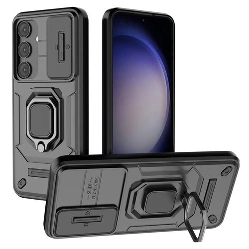 For Samsung Galaxy S24 Case Shockproof PC + TPU Slide Lens Kickstand Phone Cover - Black - 1