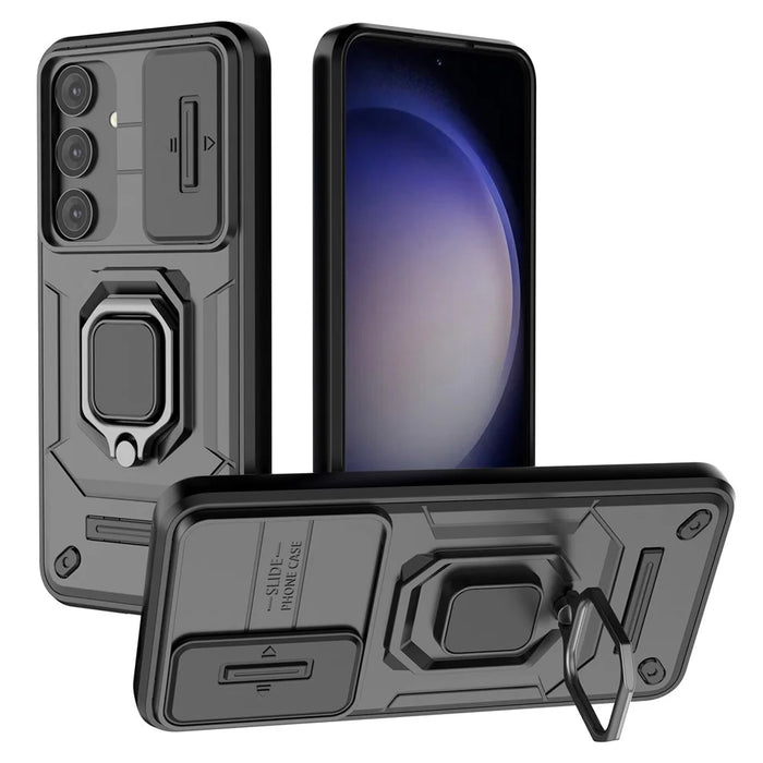 For Samsung Galaxy S24 Case Shockproof PC + TPU Slide Lens Kickstand Phone Cover - Black - 1