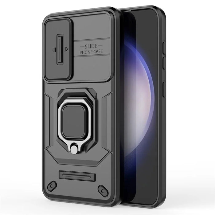 For Samsung Galaxy S24 Case Shockproof PC + TPU Slide Lens Kickstand Phone Cover - Black - 4