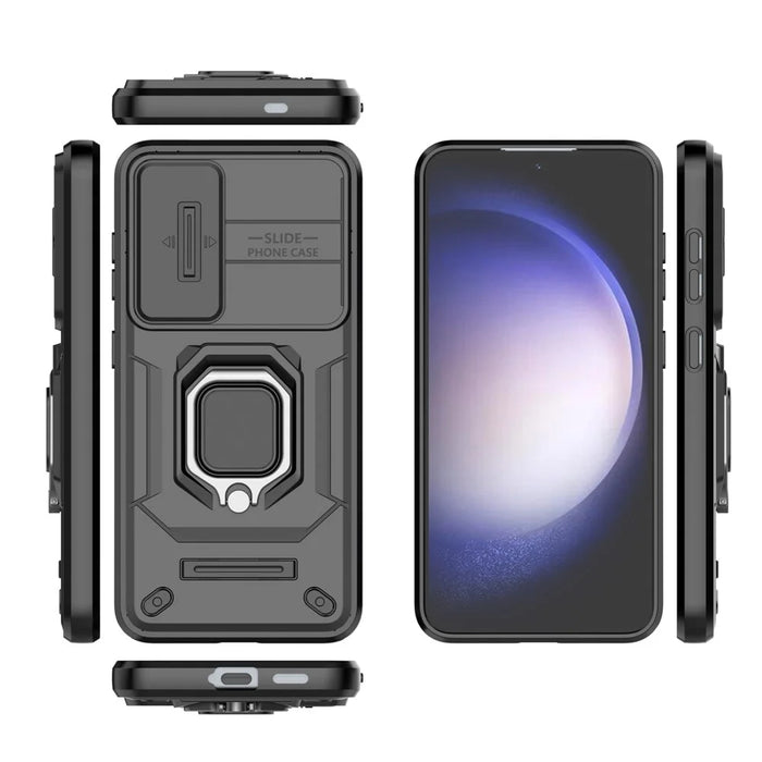 For Samsung Galaxy S24 Case Shockproof PC + TPU Slide Lens Kickstand Phone Cover - Black - 5