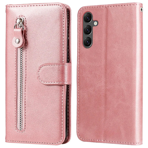 For Samsung Galaxy A25 5G (Global) (161.0 x 76.5 x 8.3mm) Folio Wallet Case Zipper Pocket PU Leather Phone Cover - Pink - 1