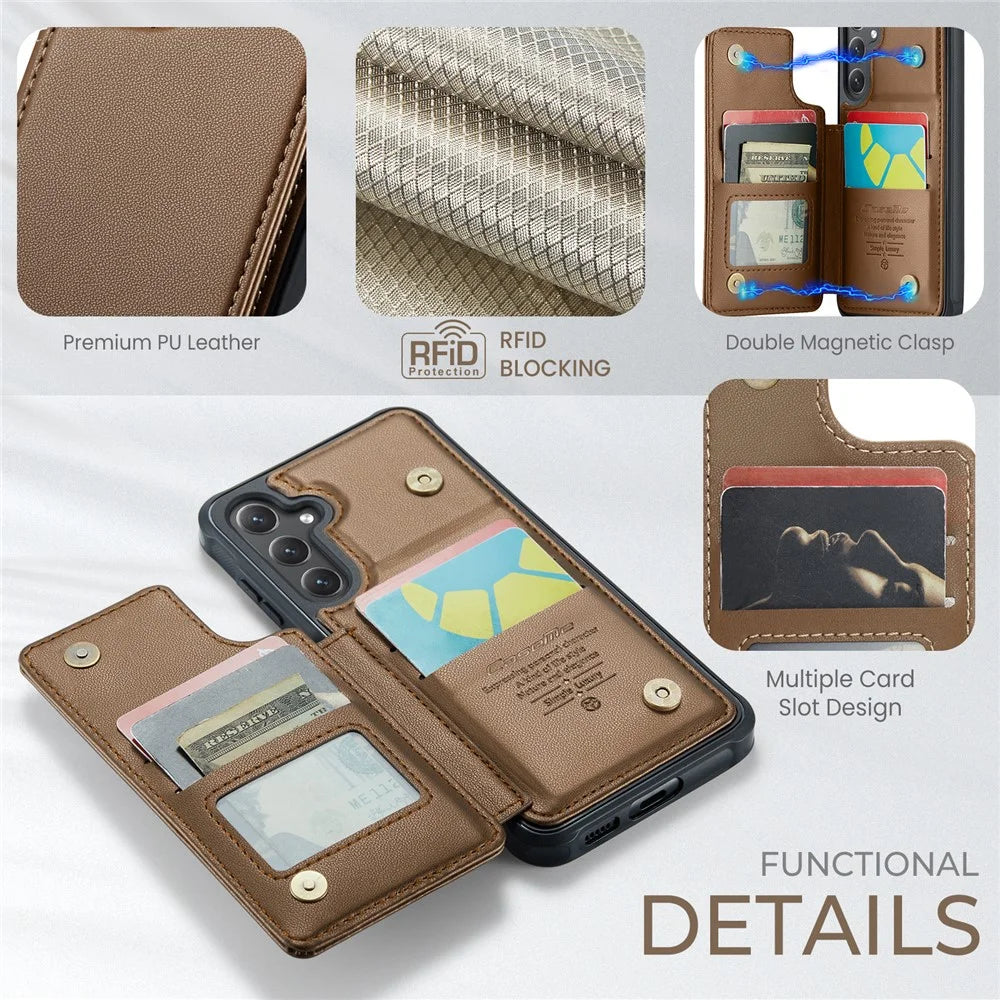 For Samsung Galaxy S23 FE Phone Case CASEME C22 Leather Back Cover with RFID Blocking Card Slots - Brown - 6