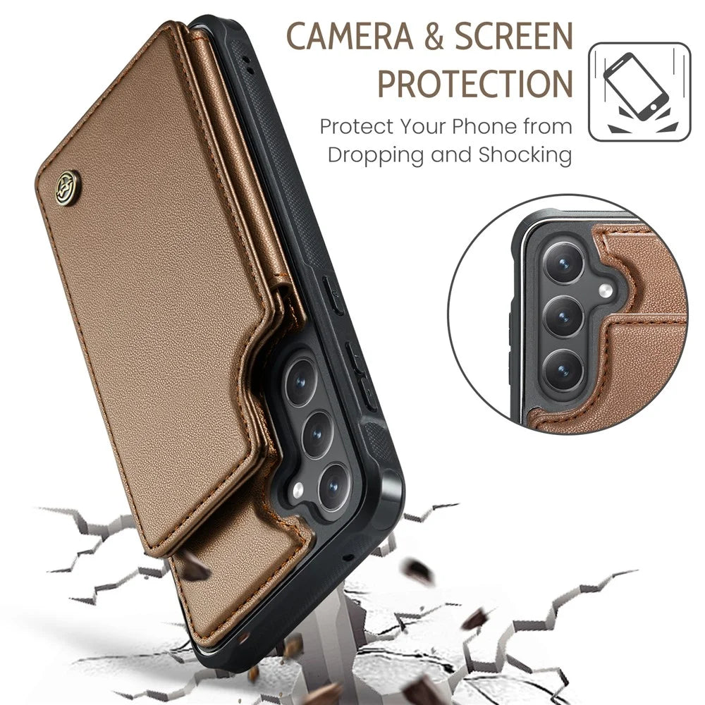 For Samsung Galaxy S23 FE Phone Case CASEME C22 Leather Back Cover with RFID Blocking Card Slots - Brown - 7