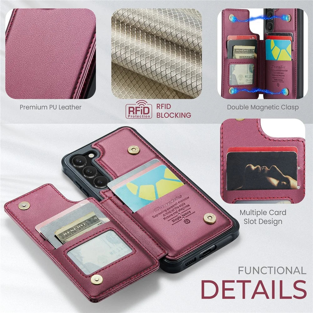 For Samsung Galaxy S23+ Phone Case CASEME C22 Leather Back Cover with RFID Blocking Card Slots - Red - 6