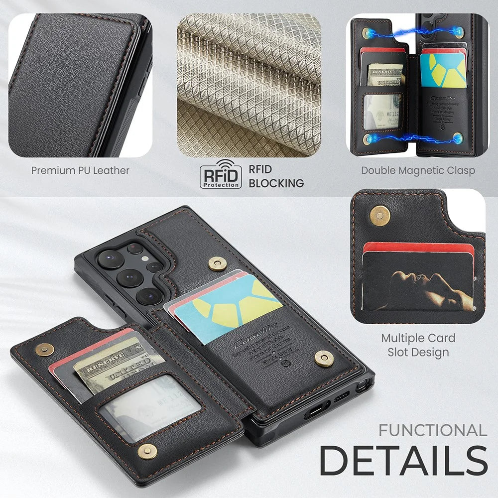 For Samsung Galaxy S23 Ultra Phone Case CASEME C22 Leather Back Cover with RFID Blocking Card Slots - Black - 6