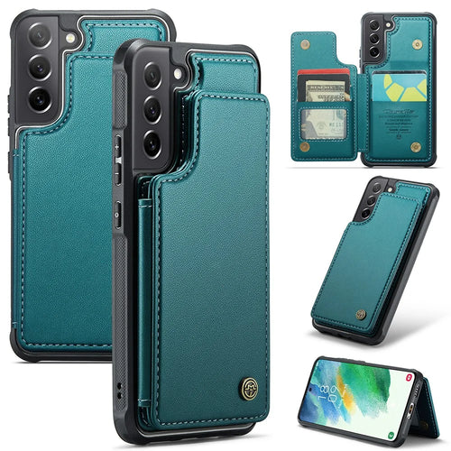 For Samsung Galaxy S21 FE 5G Phone Case CASEME C22 Leather Back Cover with RFID Blocking Card Slots - Green - 1
