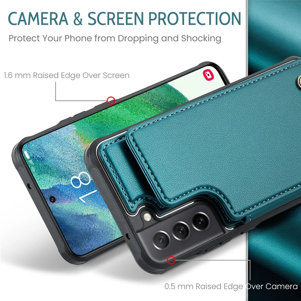 For Samsung Galaxy S21 FE 5G Phone Case CASEME C22 Leather Back Cover with RFID Blocking Card Slots - Green - 5