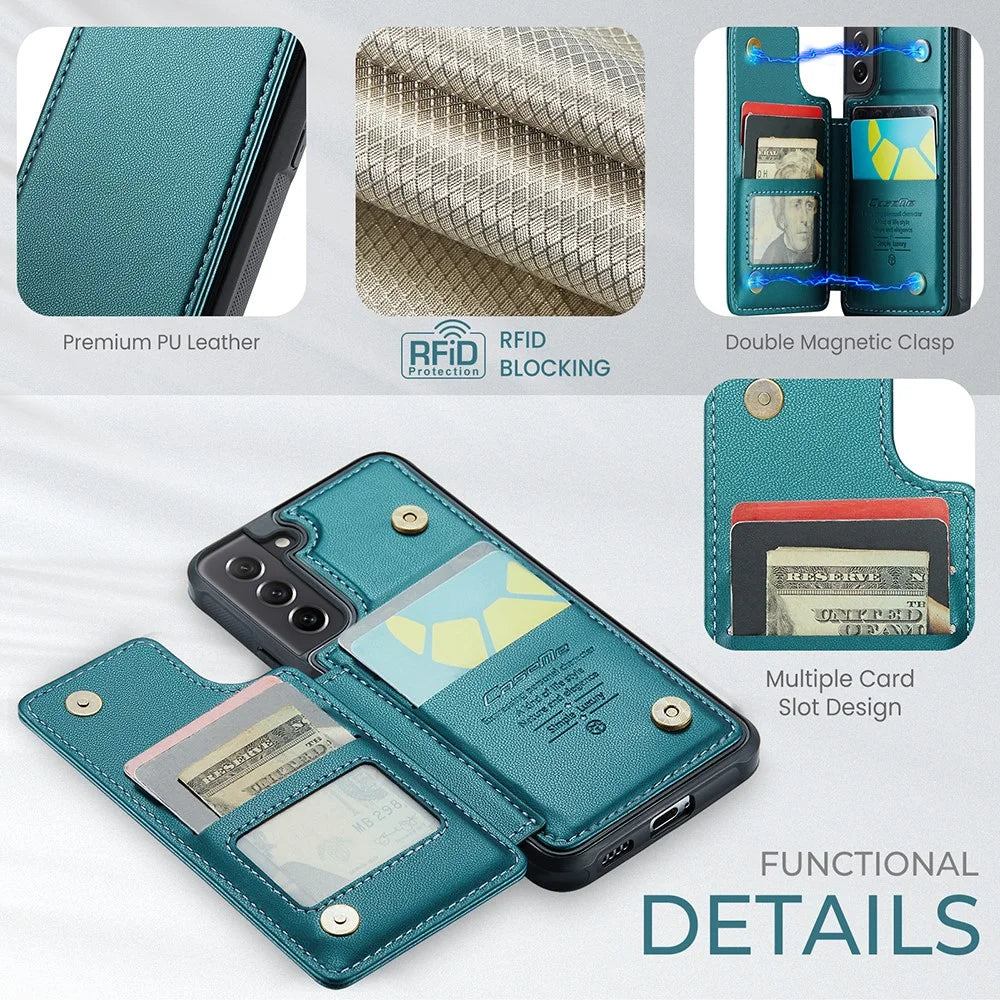 For Samsung Galaxy S21 FE 5G Phone Case CASEME C22 Leather Back Cover with RFID Blocking Card Slots - Green - 6
