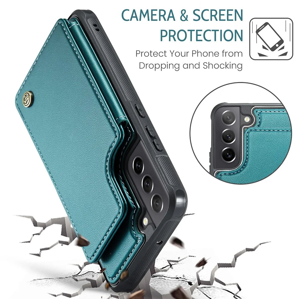 For Samsung Galaxy S21 FE 5G Phone Case CASEME C22 Leather Back Cover with RFID Blocking Card Slots - Green - 7
