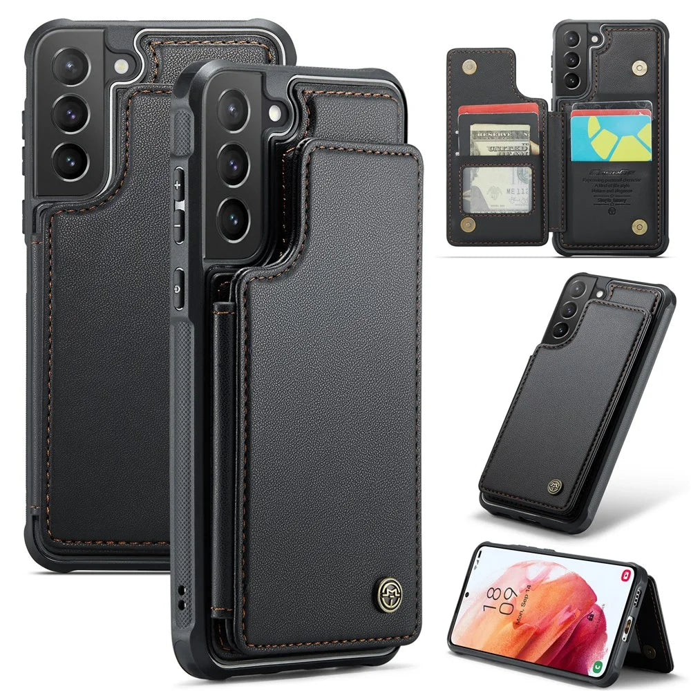 For Samsung Galaxy S21+ 5G Phone Case CASEME C22 Leather Back Cover with RFID Blocking Card Slots - Black - 1