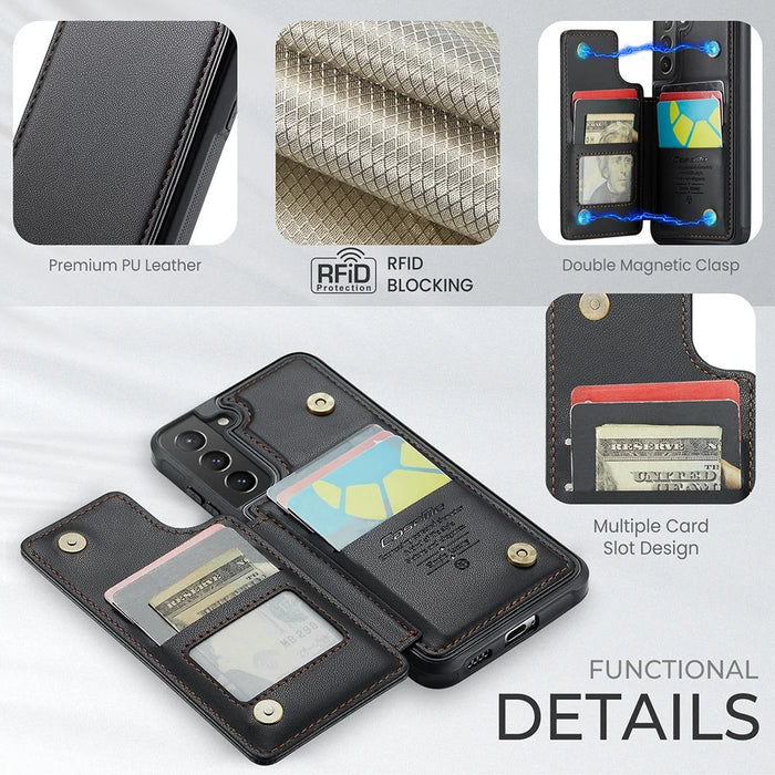 For Samsung Galaxy S21+ 5G Phone Case CASEME C22 Leather Back Cover with RFID Blocking Card Slots - Black - 6