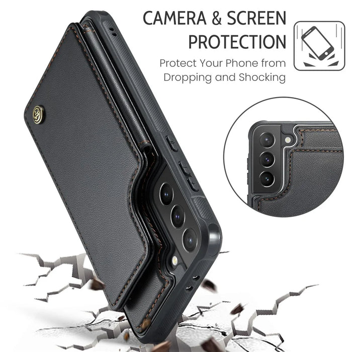 For Samsung Galaxy S21+ 5G Phone Case CASEME C22 Leather Back Cover with RFID Blocking Card Slots - Black - 7