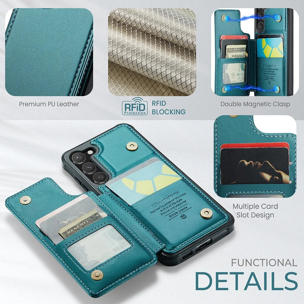 For Samsung Galaxy S23 Phone Case CASEME C22 Leather Back Cover with RFID Blocking Card Slots - Green - 6