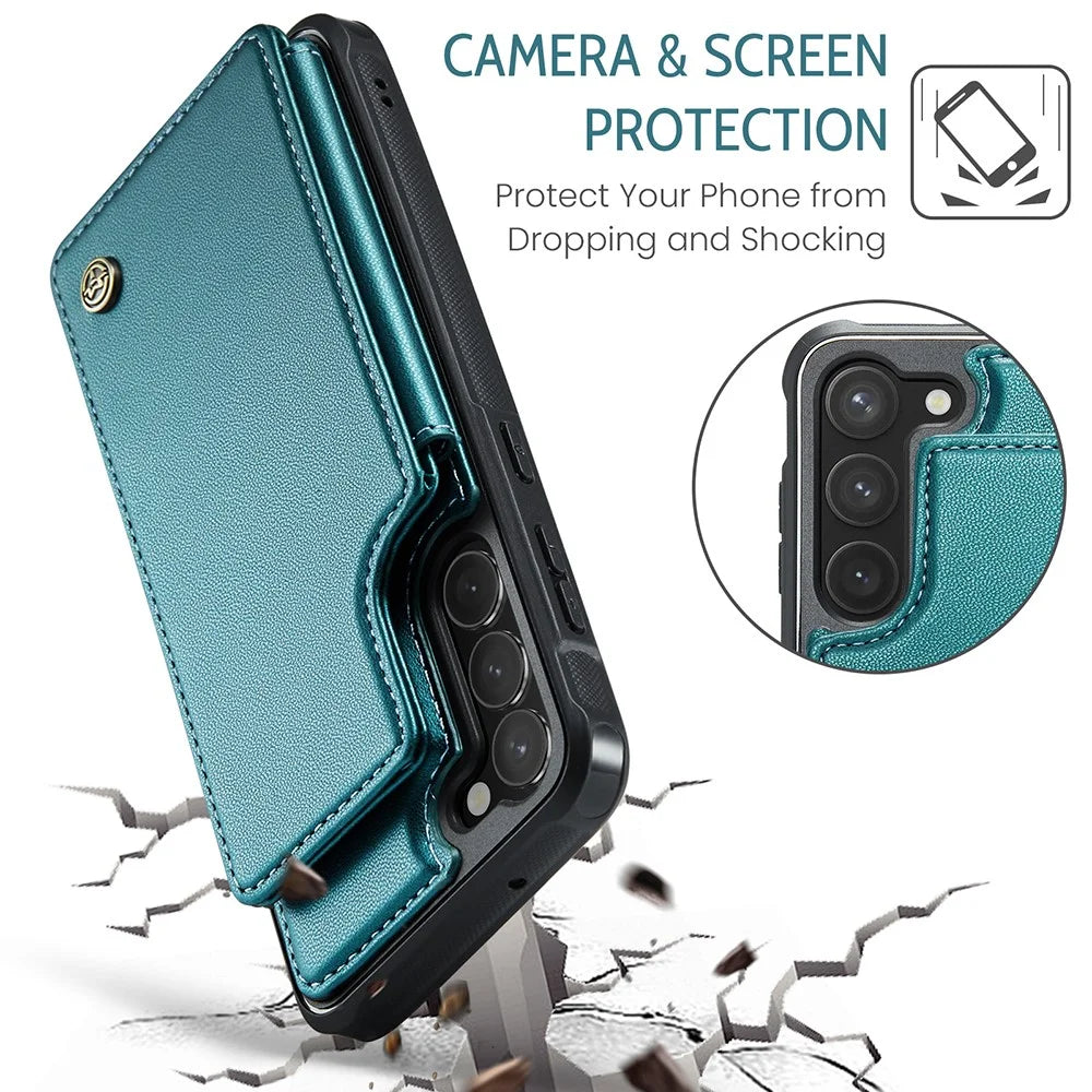 For Samsung Galaxy S23 Phone Case CASEME C22 Leather Back Cover with RFID Blocking Card Slots - Green - 7
