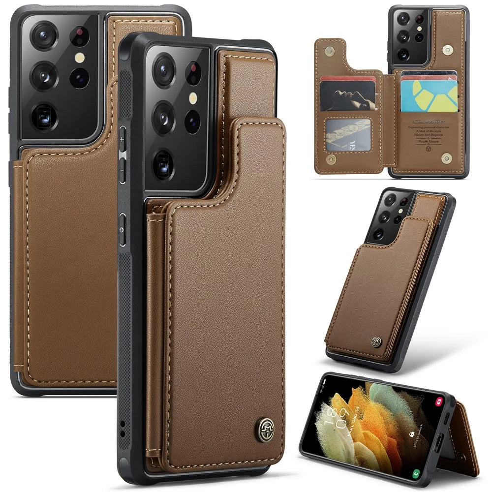 For Samsung Galaxy S21 Ultra 5G Phone Case CASEME C22 Leather Back Cover with RFID Blocking Card Slots - Brown - 1