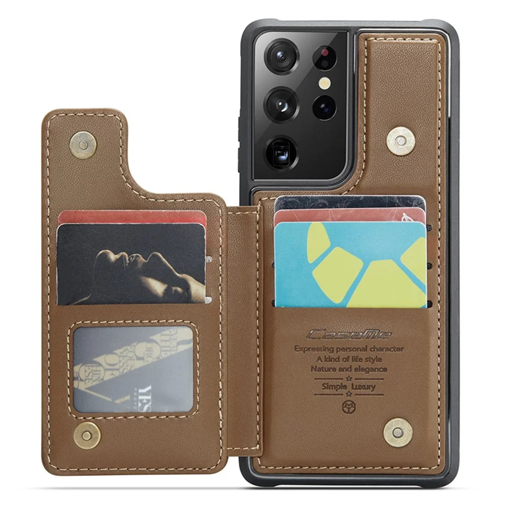 For Samsung Galaxy S21 Ultra 5G Phone Case CASEME C22 Leather Back Cover with RFID Blocking Card Slots - Brown - 2