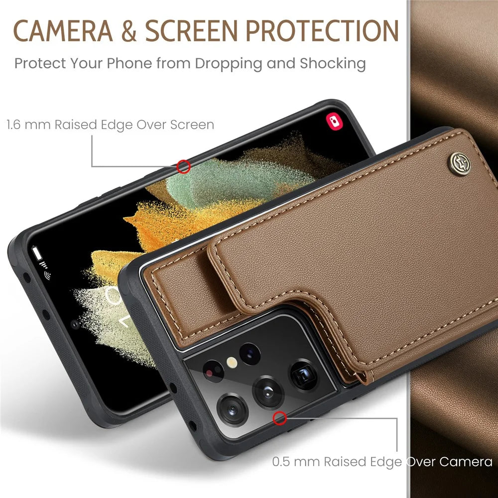 For Samsung Galaxy S21 Ultra 5G Phone Case CASEME C22 Leather Back Cover with RFID Blocking Card Slots - Brown - 5