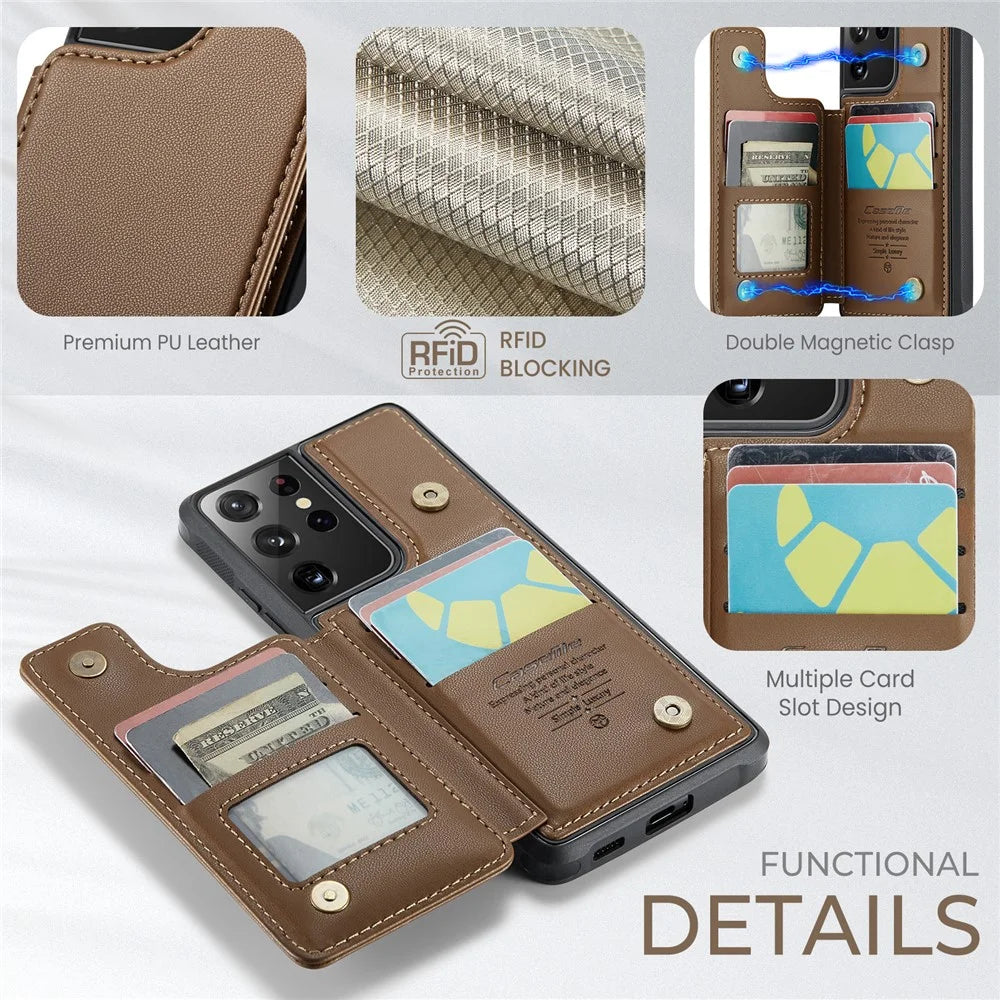 For Samsung Galaxy S21 Ultra 5G Phone Case CASEME C22 Leather Back Cover with RFID Blocking Card Slots - Brown - 6