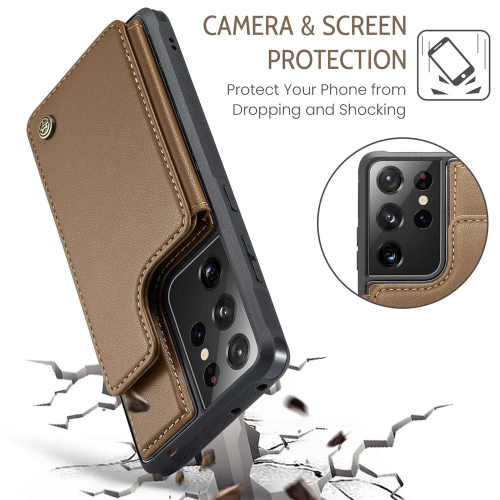 For Samsung Galaxy S21 Ultra 5G Phone Case CASEME C22 Leather Back Cover with RFID Blocking Card Slots - Brown - 7