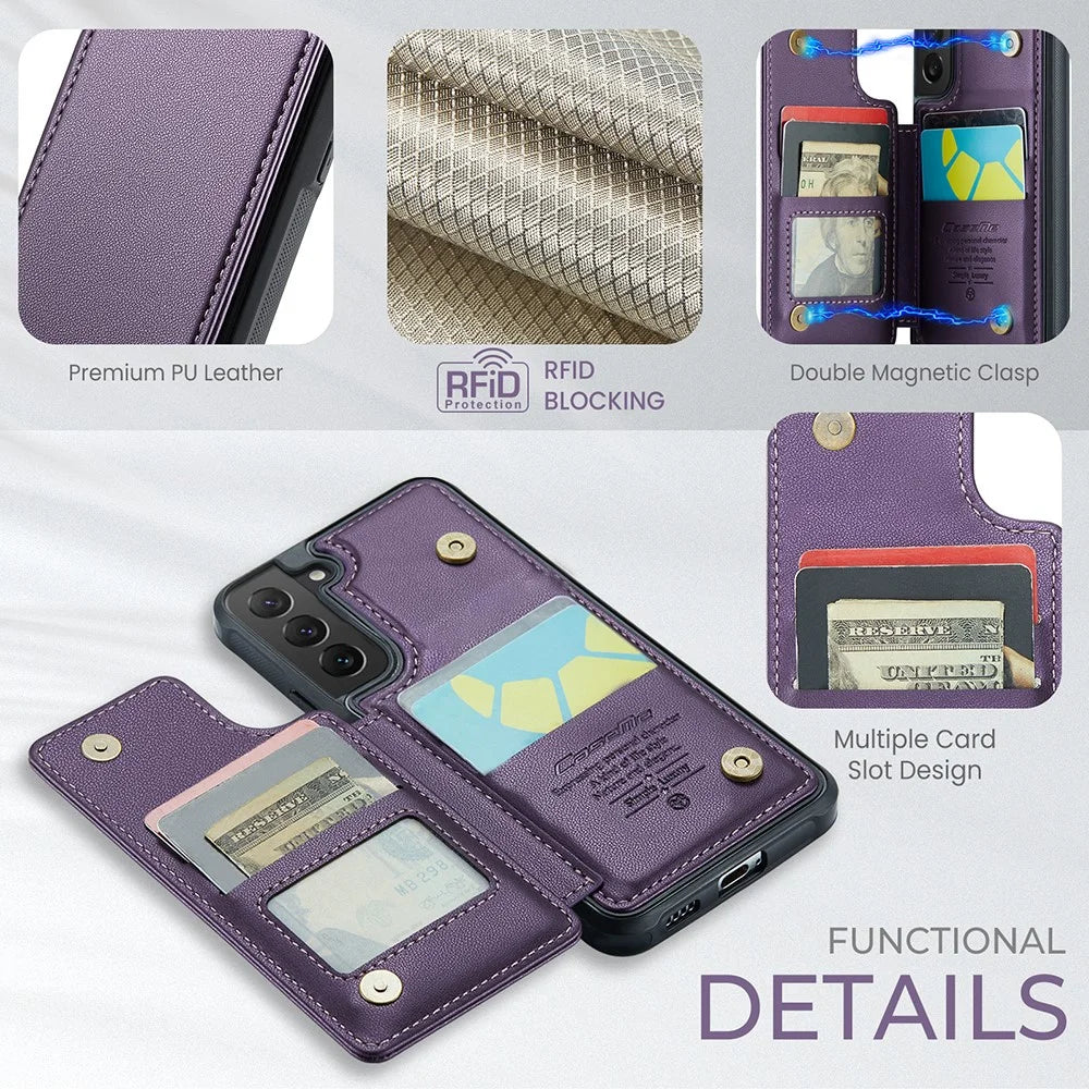 For Samsung Galaxy S22 5G Phone Case CASEME C22 Leather Back Cover with RFID Blocking Card Slots - Purple - 6