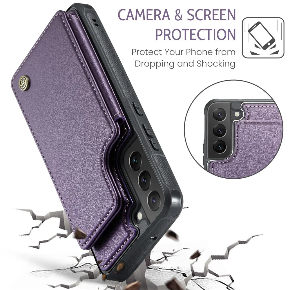 For Samsung Galaxy S22 5G Phone Case CASEME C22 Leather Back Cover with RFID Blocking Card Slots - Purple - 7