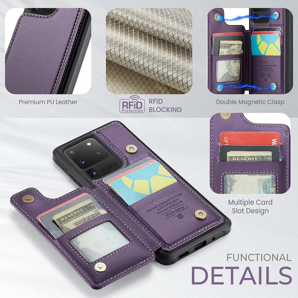 For Samsung Galaxy S20 Ultra Phone Case CASEME C22 Leather Back Cover with RFID Blocking Card Slots - Purple - 6
