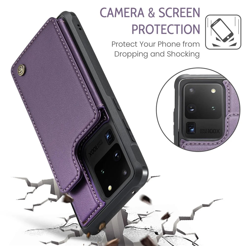 For Samsung Galaxy S20 Ultra Phone Case CASEME C22 Leather Back Cover with RFID Blocking Card Slots - Purple - 7