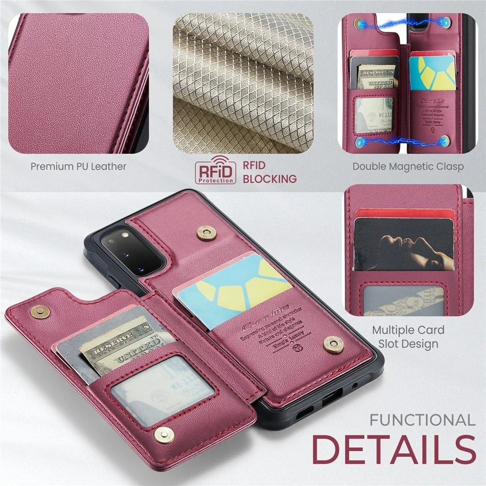 For Samsung Galaxy S20 4G / 5G Phone Case CASEME C22 Leather Back Cover with RFID Blocking Card Slots - Red - 6