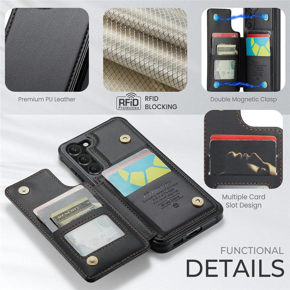 For Samsung Galaxy S22+ 5G Phone Case CASEME C22 Leather Back Cover with RFID Blocking Card Slots - Black - 6