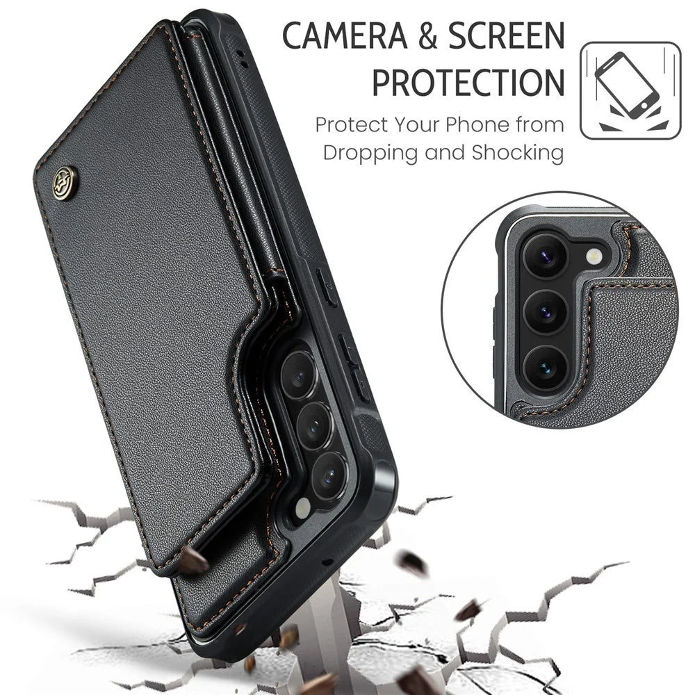 For Samsung Galaxy S22+ 5G Phone Case CASEME C22 Leather Back Cover with RFID Blocking Card Slots - Black - 7