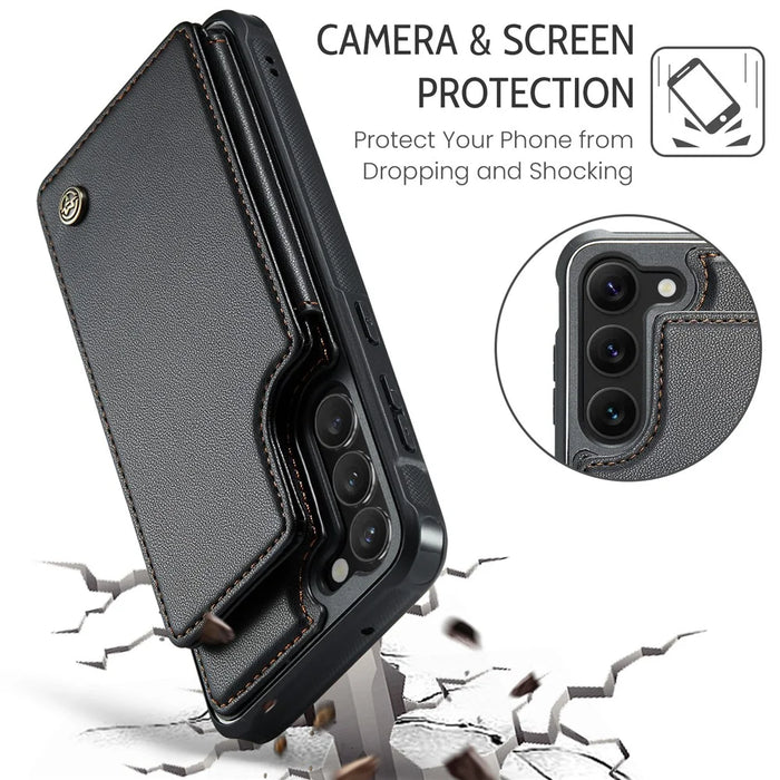 For Samsung Galaxy S22+ 5G Phone Case CASEME C22 Leather Back Cover with RFID Blocking Card Slots - Black - 7