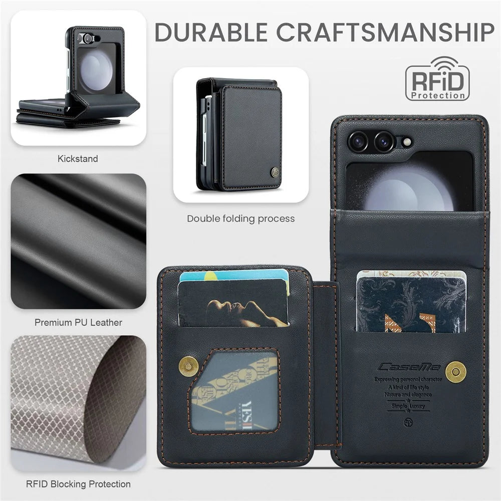 For Samsung Galaxy Z Flip5 5G Phone Case CASEME C22 Leather Back Cover with RFID Blocking Card Slots - Black - 6