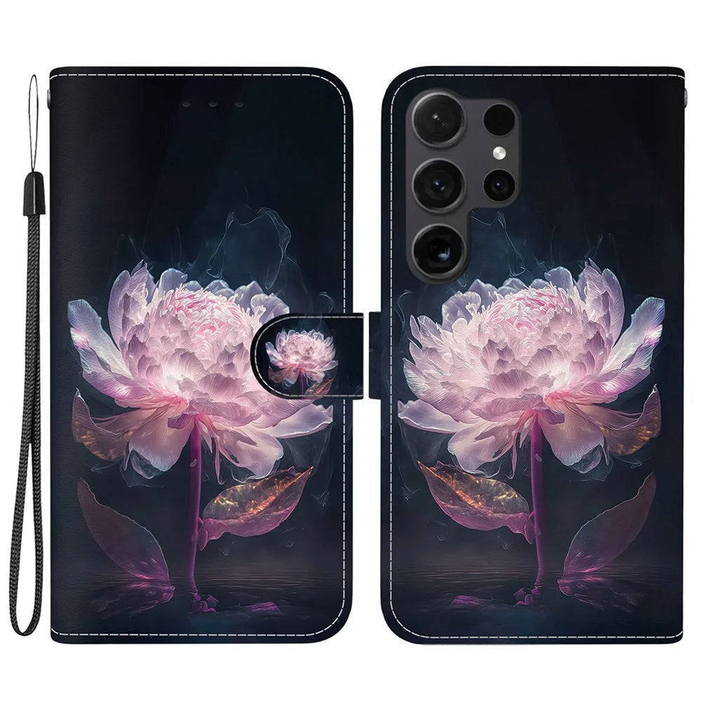 For Samsung Galaxy S24 Ultra Case PU Leather 3D Pattern Flip Phone Cover - Purple Peony - 1