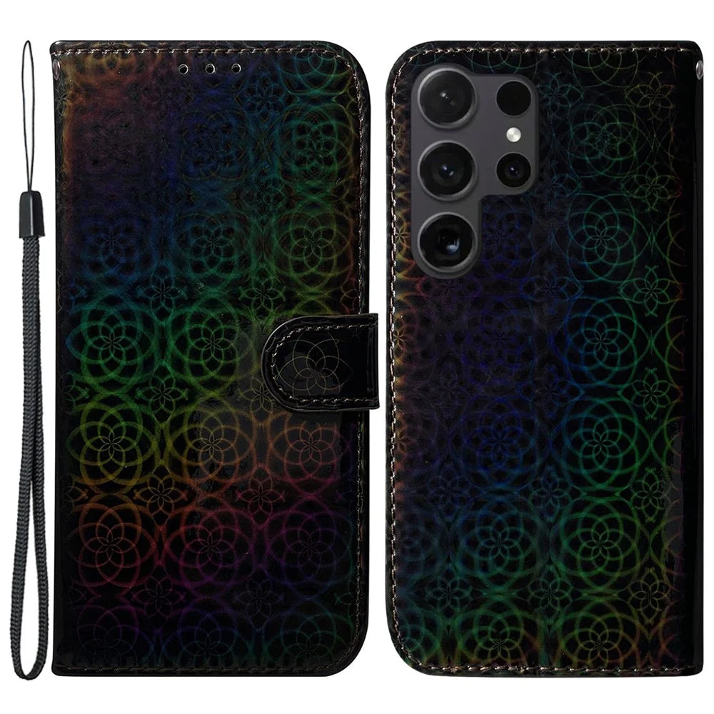 For Samsung Galaxy S24 Ultra Case Dazzling Flower Pattern Stand Cover with Wallet - Black - 1