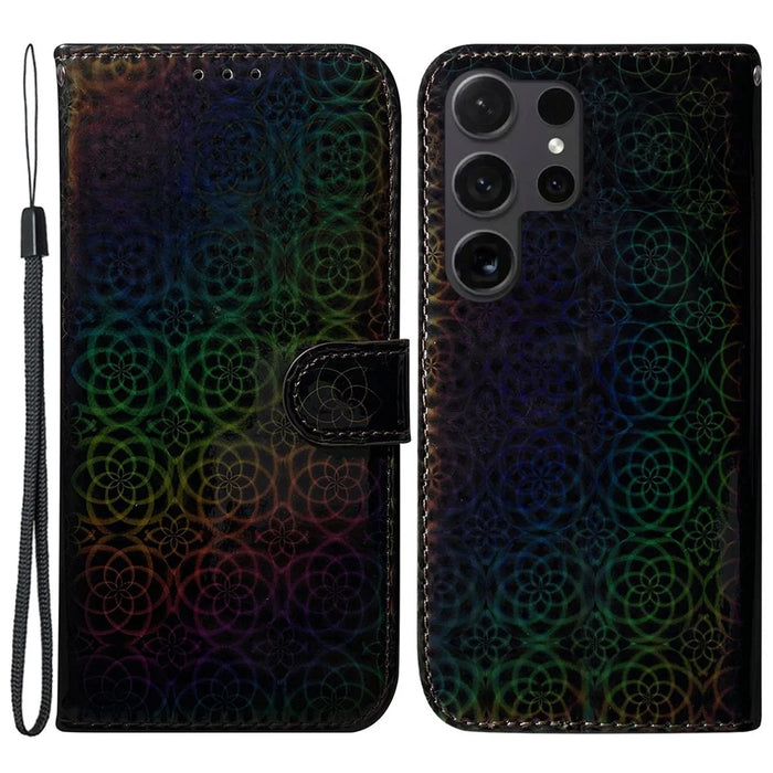 For Samsung Galaxy S24 Ultra Case Dazzling Flower Pattern Stand Cover with Wallet - Black - 1